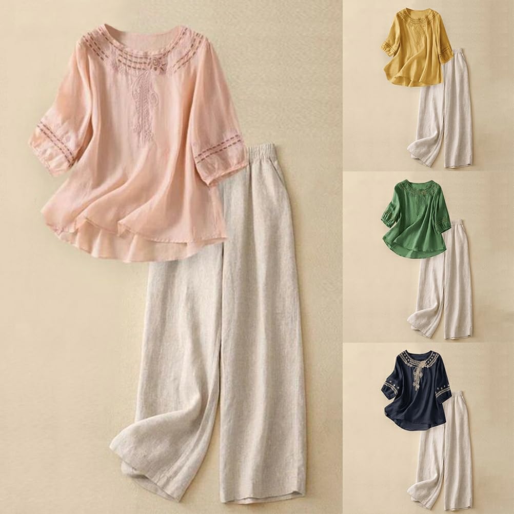 shownicer Ensemble Coton et Lin pour Femme Grande Taille Costume Été Deux Pièces Chemise et Pantalon 2 Pièces Set