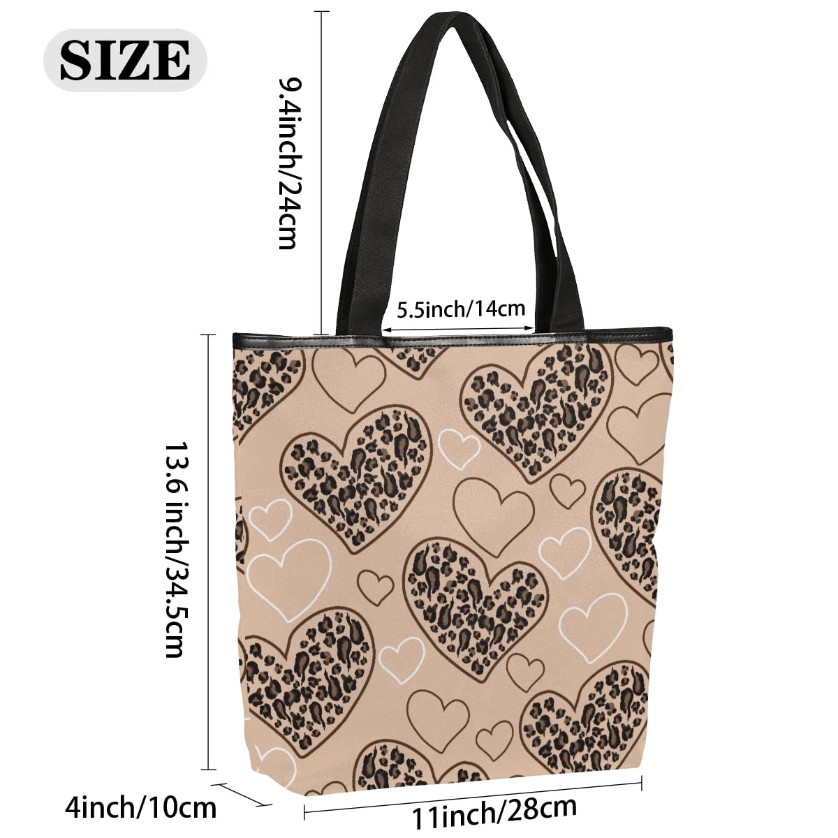 Mularoka Hand Painted Leopard Heart Canvas Tote Bag with Zipper and Pockets Canvas Tote Shopping Bag Women Reusable Grocery Bag for Beach Travel Gym Shopping