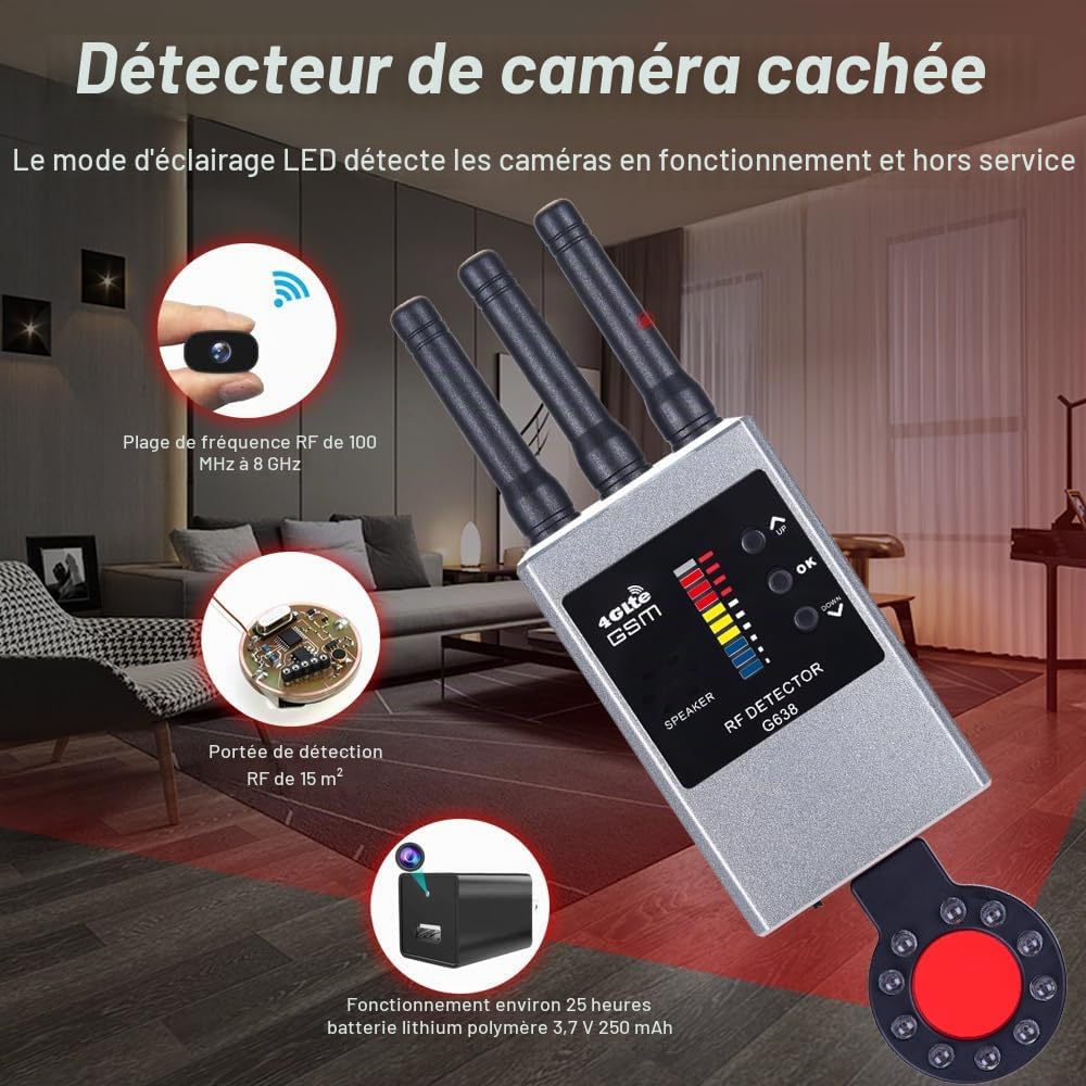 Détecteurs de caméras Anti-Espion, détecteur de bogues et détecteur d'espionnage caché, détecteur Anti-traqueur pour bogues, Appareil d'écoute pour caméra cachée/caméra Espion G638W