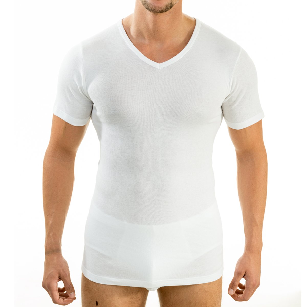 HERMO 4880 Lot de 3 Business Shirt Homme à Manche Courte avec col V, Maillot de Corps Demi-Manche en 100% Coton Biologique