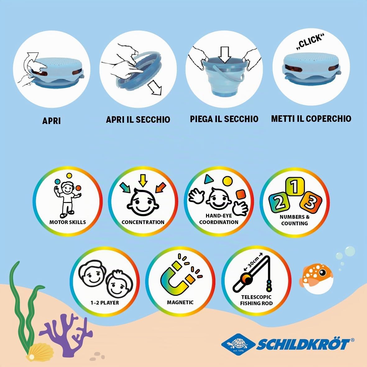 Schildkröt Gioco di Pesca Magnetico per Bambini | da Interni ed Esterni | con Canna Telescopica e Animali Magnetici | Ideale per Mare, Giardino, Piscina e Vasca | Colori Assortiti