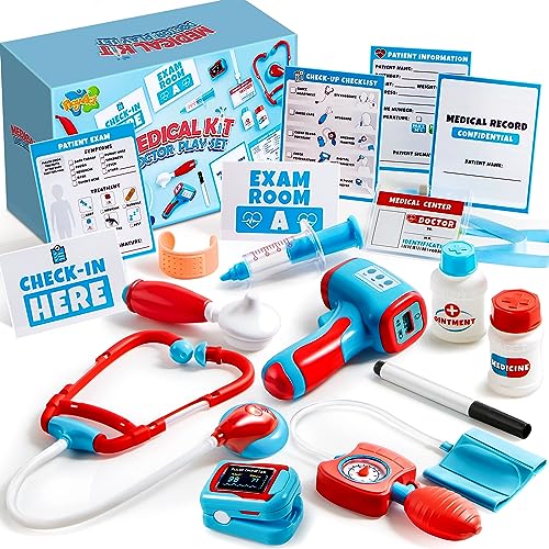 Play-Act Kids Doctor Kit,16-Piece Pretend Play Medical Kit with Bag,Doctor Role Play Set,Realistic Toy Stethoscope,Reusable Record Cards,Dress Up Doctor Playset for Toddlers Ages 3+
