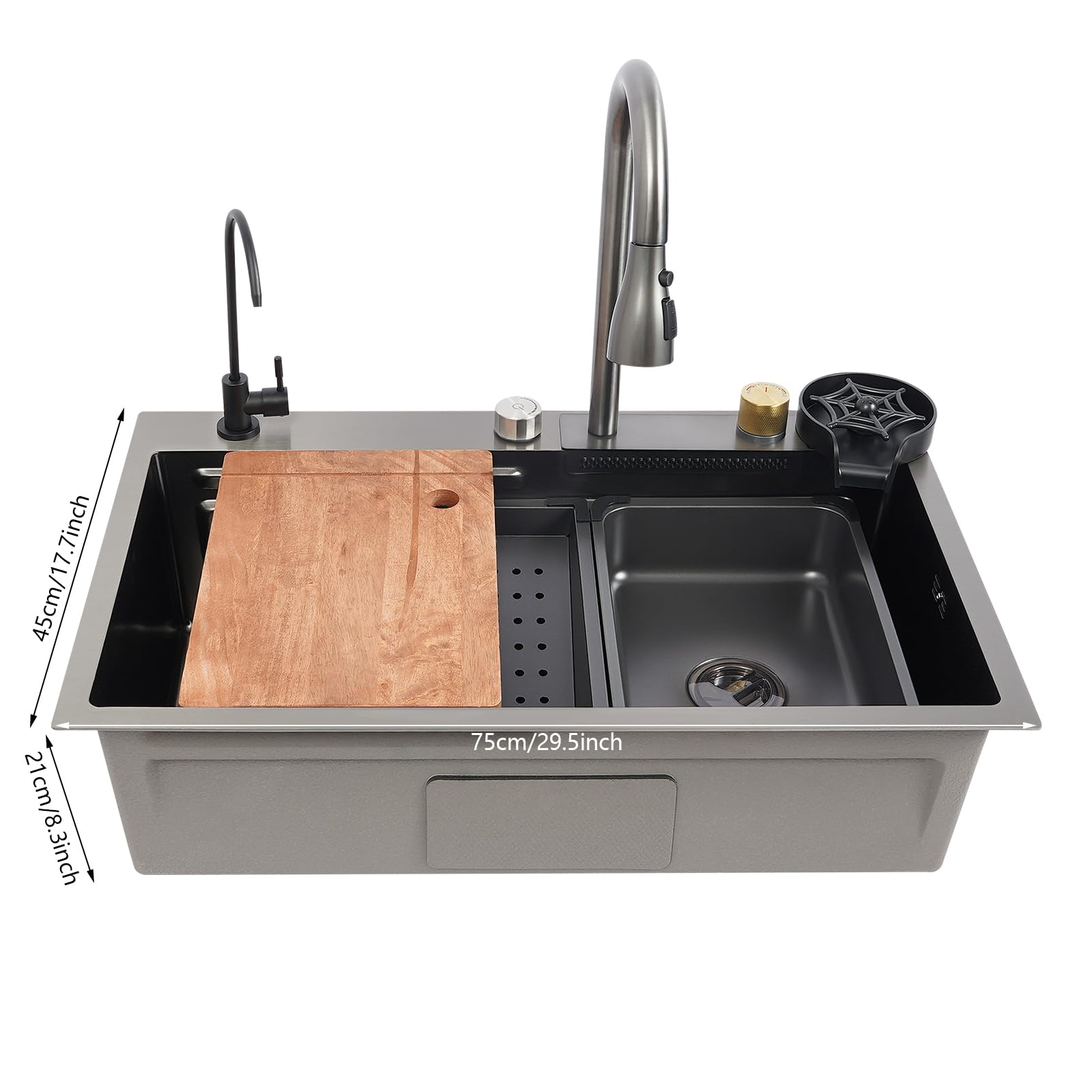 Lavello da cucina a cascata, grande 1 vasca, lavello singolo, nero in acciaio inox, con rubinetto estraibile, lavatrice per tazze (75 x 45 x 21 cm)