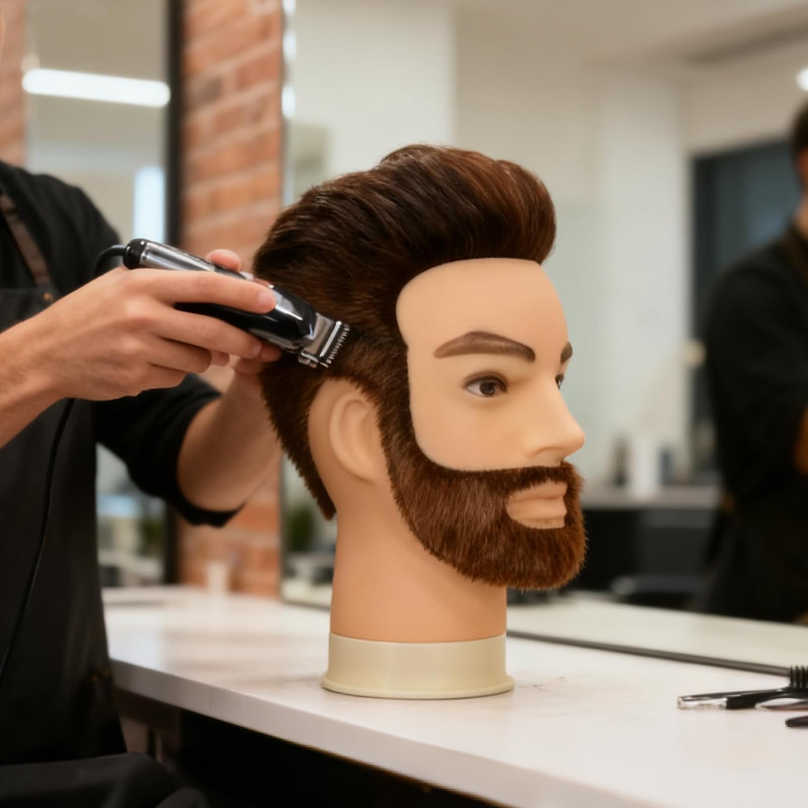 TwoWin 12 Zoll (30.5 cm) Mann Frisierkopf Echthaar mit Bart, Friseur Übungskopf Mannequin Head mit Tischklemme (Braun)
