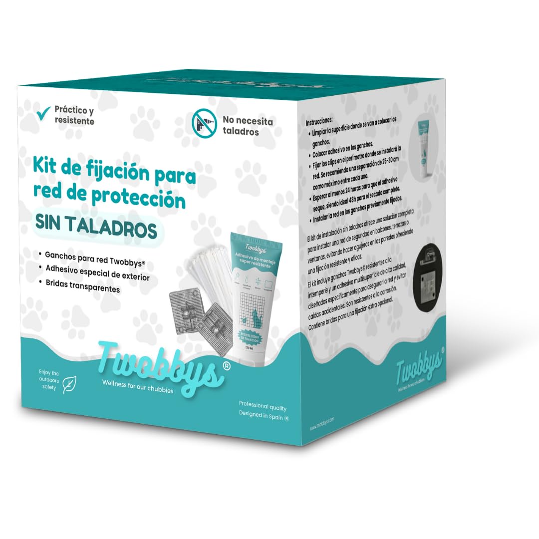 Twobbys® Pack de Fijación Red Sin Taladros | 100 Ganchos para Red + 2 Botes Adhesivo Extrafuerte + Bridas | Kit para Red Gatos Terraza | Montaje Fácil | Anti UV | Apto para Red Gatos Ventana y Balcón