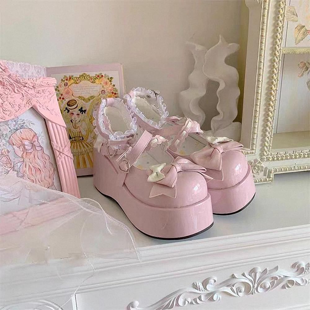 Zapatos De Cuero Estilo Lolita Mary Jane para Mujer Estilo Gótico Punta Redonda Tacón De Plataforma Grueso Lazo De Encaje Estilo Punk Rock Estilo Kawaii con Vestido De Princesa Burbuja JK
