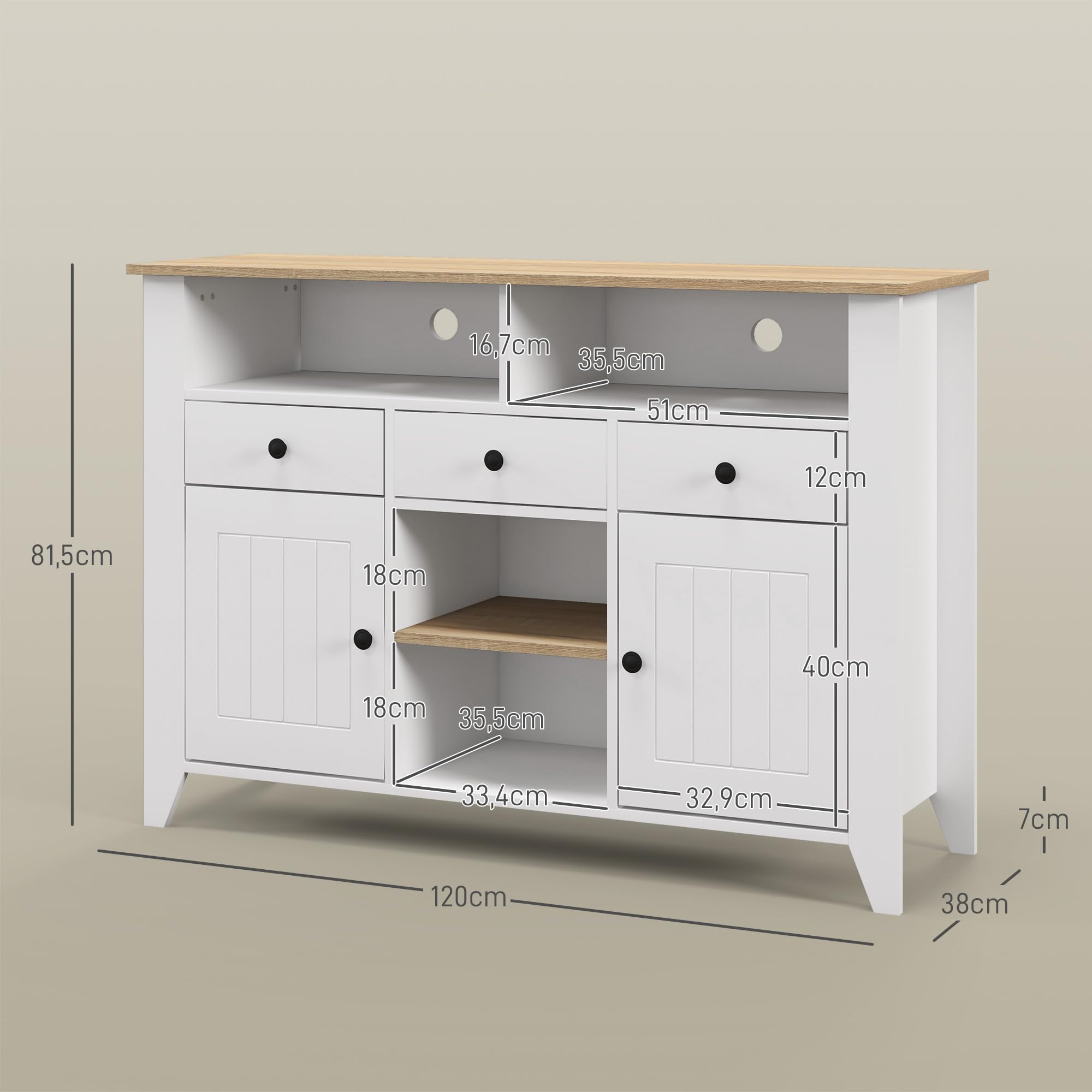 HOMCOM Aparador de Cocina Moderno 2 Puertas 120x38x81,5 cm Blanco y Roble | Mesa para Televisores de 50 Pulgadas, 3 Cajones, 2 Estantes Abiertas, 2 Estantes Regulables
