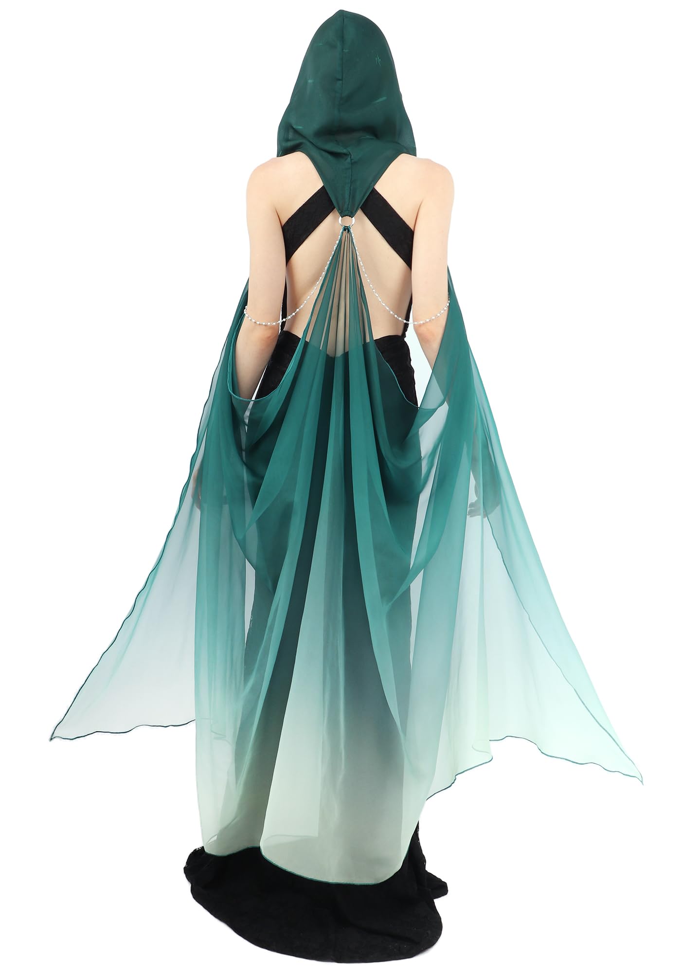 KUOINHooded Cape for Women Tulle Gothic Fairy Cloak Off Shoulder Fantasy Capelet Full Length 112CM