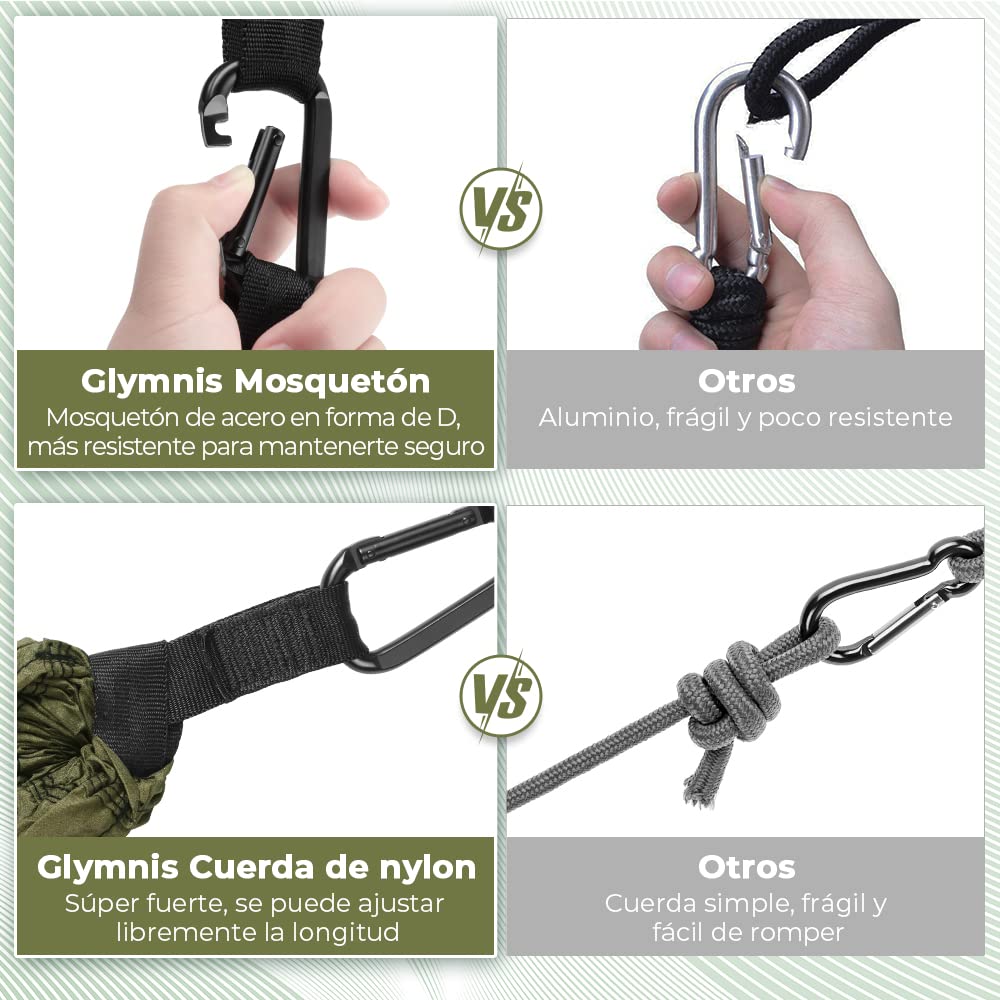 Glymnis Hamaca Ultraligera de Nailon, 300 kg de Capacidad de Carga, 275 x 140 cm, 2 Correas de Nailon y 2 Mosquetones, Hamacas Colgantes para Acampada de Viaje al Aire Libre y Jardín