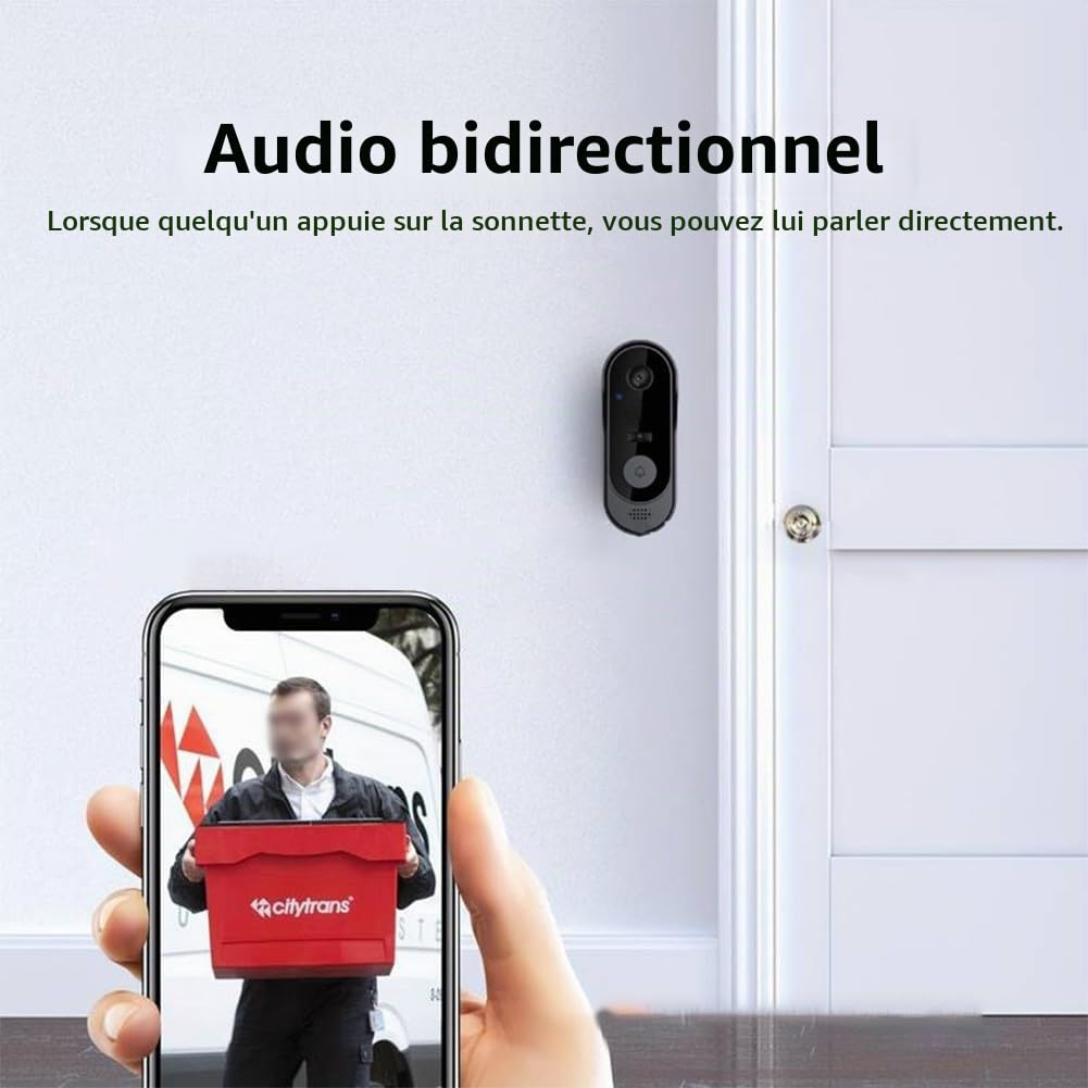 Sonnette vidéo sans fil, sans abonnement, sonnette vidéo 1080p avec carillon, audio bidirectionnel, pour vision nocturne, Wi-Fi 2,4 G, intérieur et extérieur