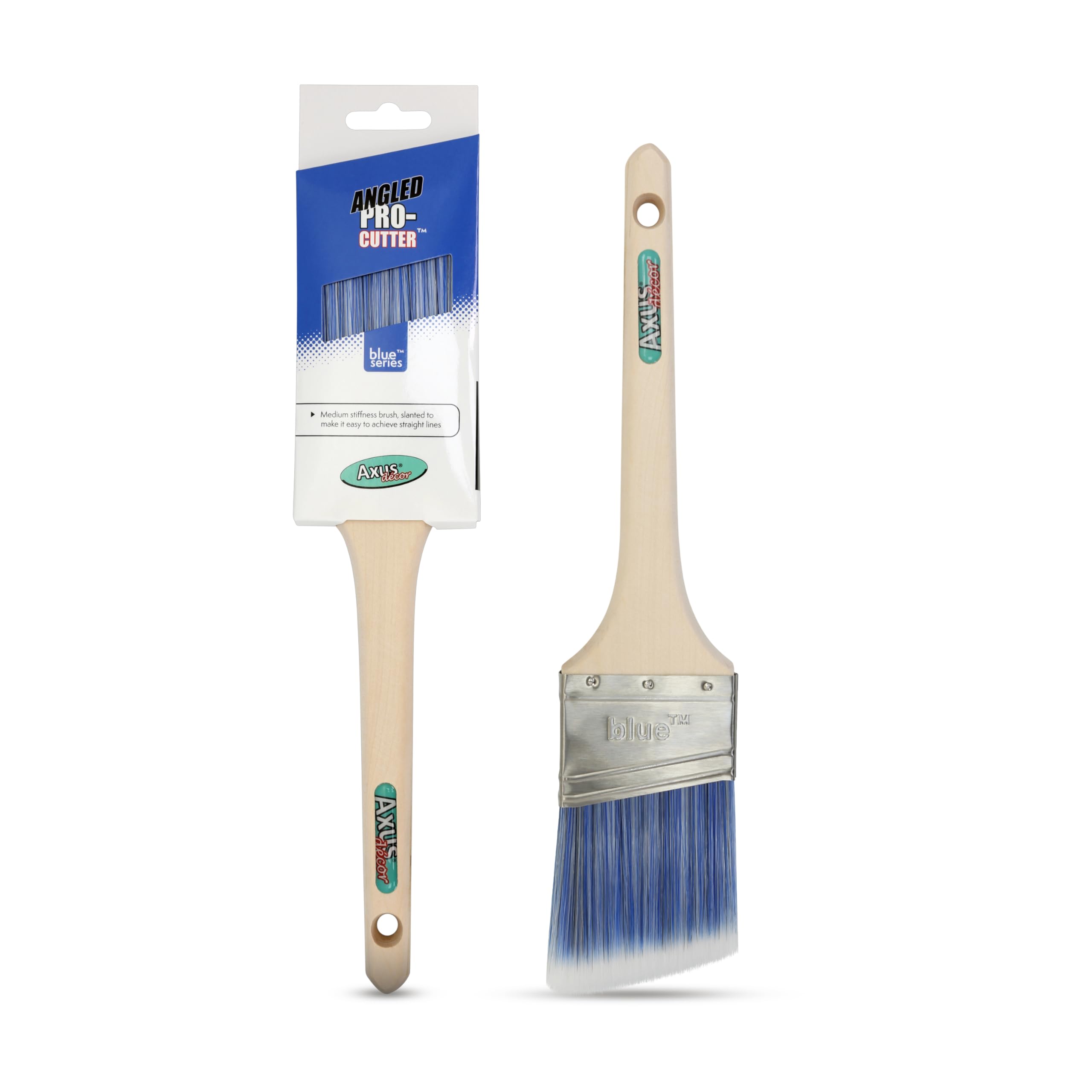 Axus Decor Precision Angled Cutter Paint Brush (Blue Color) - 2.5" / 65mm - Synthetic Filaments, Angled for cutting in with emulsion, Hardwood Handles, Rust-Resistant Stainless Steel