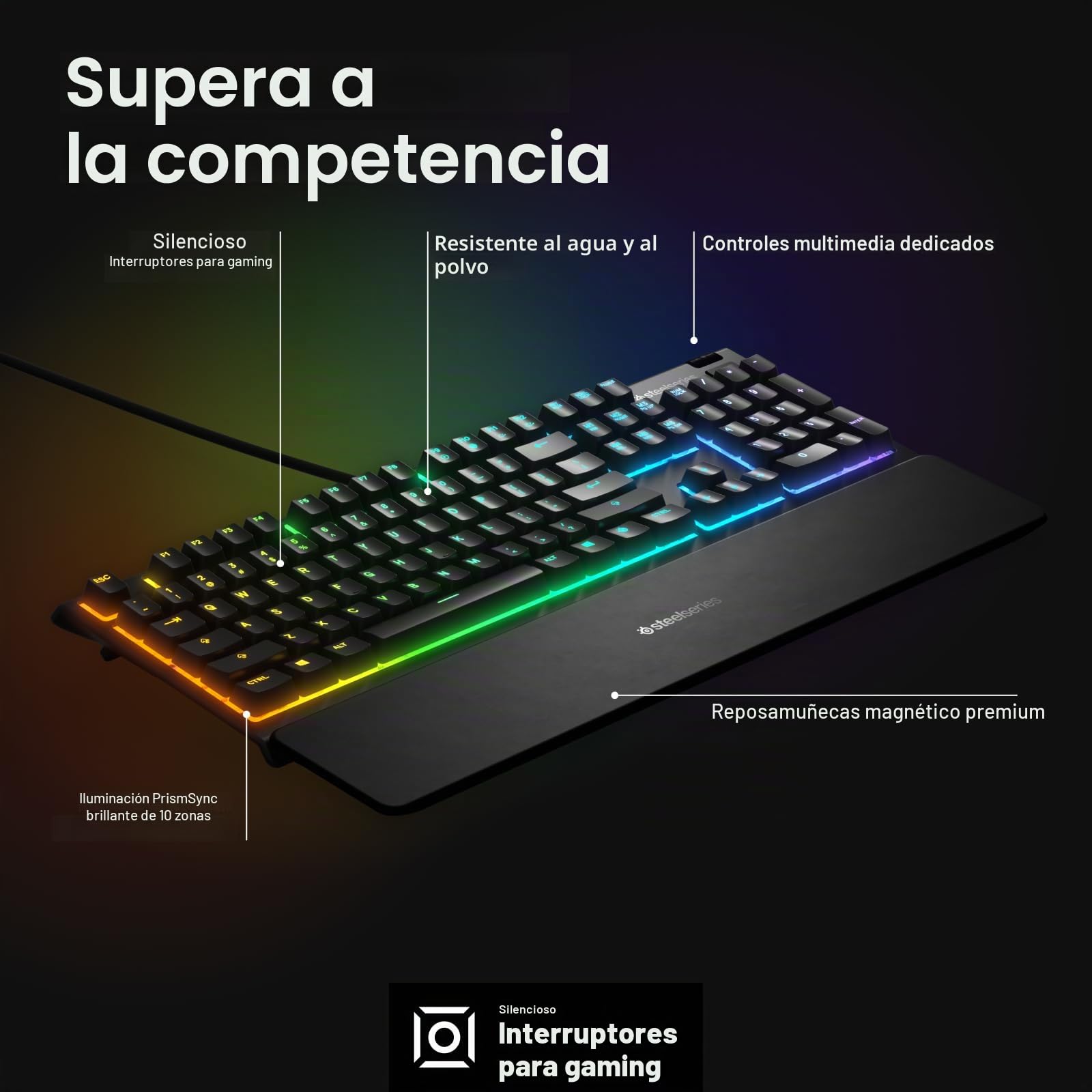 Steelseries Apex 3 RGB Gaming Keyboard - Iluminación RGB de 10 Zonas - IP32 Resistente al Agua - Reposamuñecas magnético Premium (Interruptor silencioso para Juego)