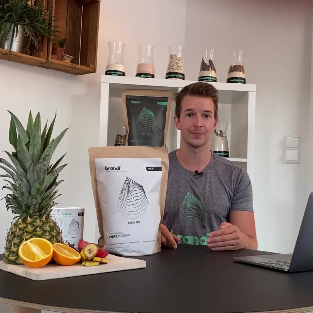 Veganer-Proteinshake-Pure-Protein-Brandl-Nutrition-Probierpaket-individualisierbar-glutenfrei-ohne-kuenstliche-SuessstoffeProbierpaket-mit-4-Geschmacksrichtungen-4x-30g
