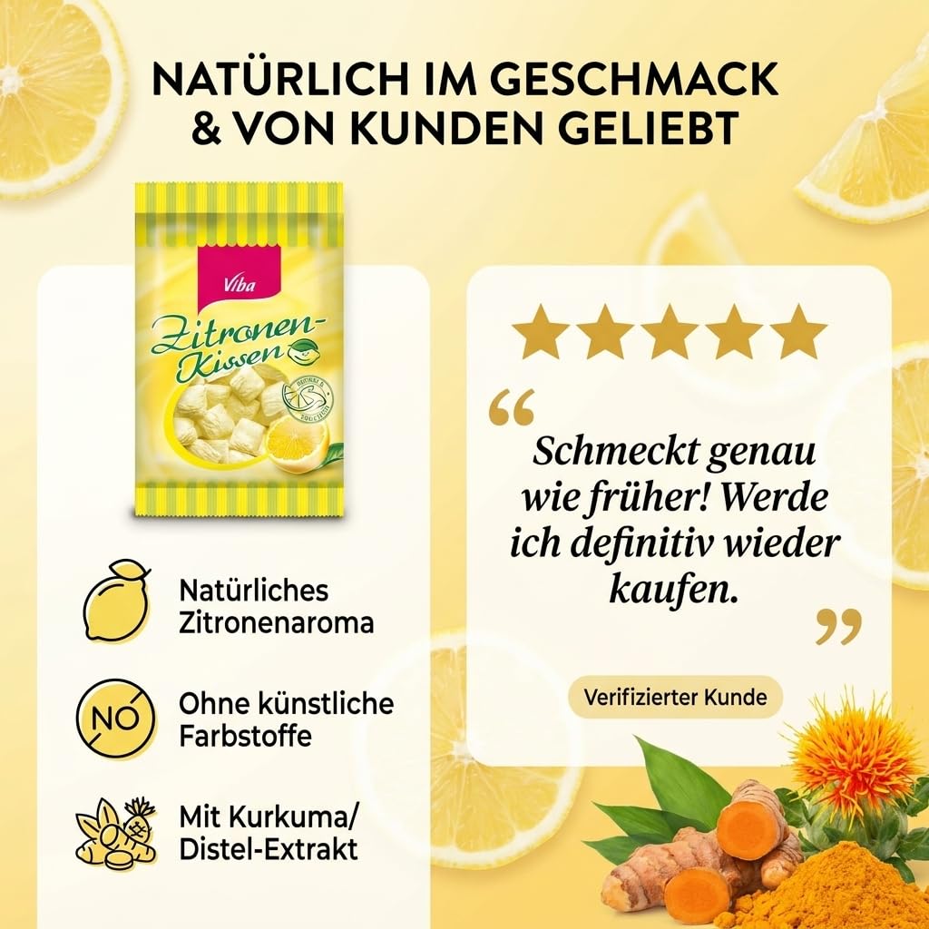 Viba Zitronenkissen Vorratspack 10x 90g (0,9 kg) — mürbe Bonbons mit leichtem Zitronengeschmack — Kultbonbon aus Thüringen — inkl. Kochbuch & Geschenkkarte