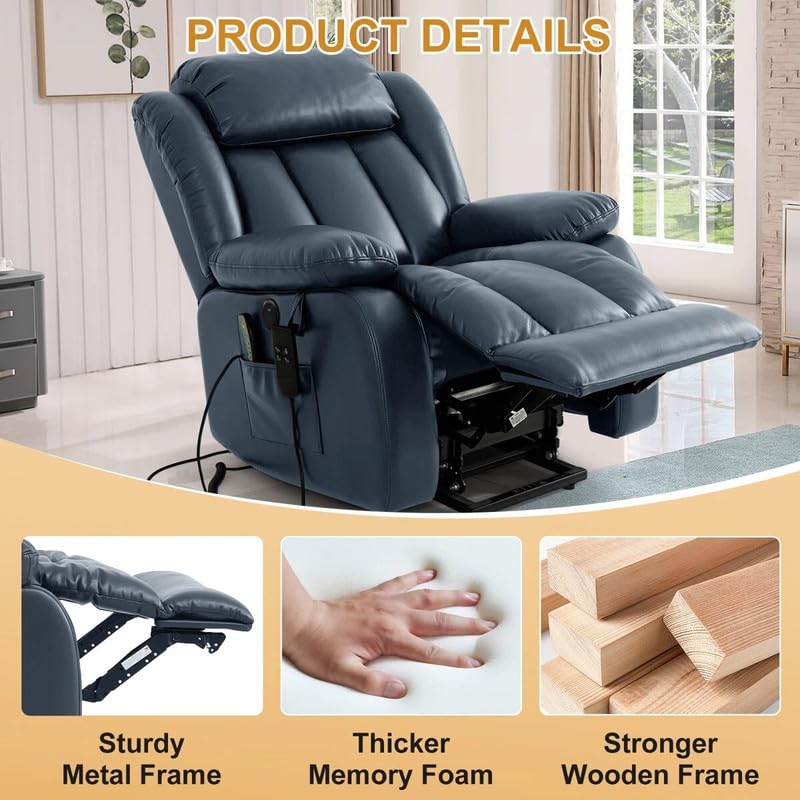 Image of Recliner Sofa 1 Seater Power Lift Recliner Chair with Lay Flat Assist Breathable Leather Dual Motor Lay Flat Power for The Elderly Color Blue