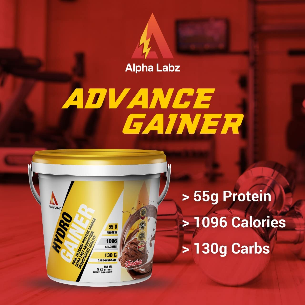 Alpha Labz Hydro Gainer High Protein & High Carbs Mass Gainer For Muscle Mass Gain | 55g Protein & 1096 Calories | Gain Strength & Size | High Calories Formula with Vitamins & Minerals for Weight Gain | Weight Gainer for Women & Men [Chocolate Flavor, 5kg]