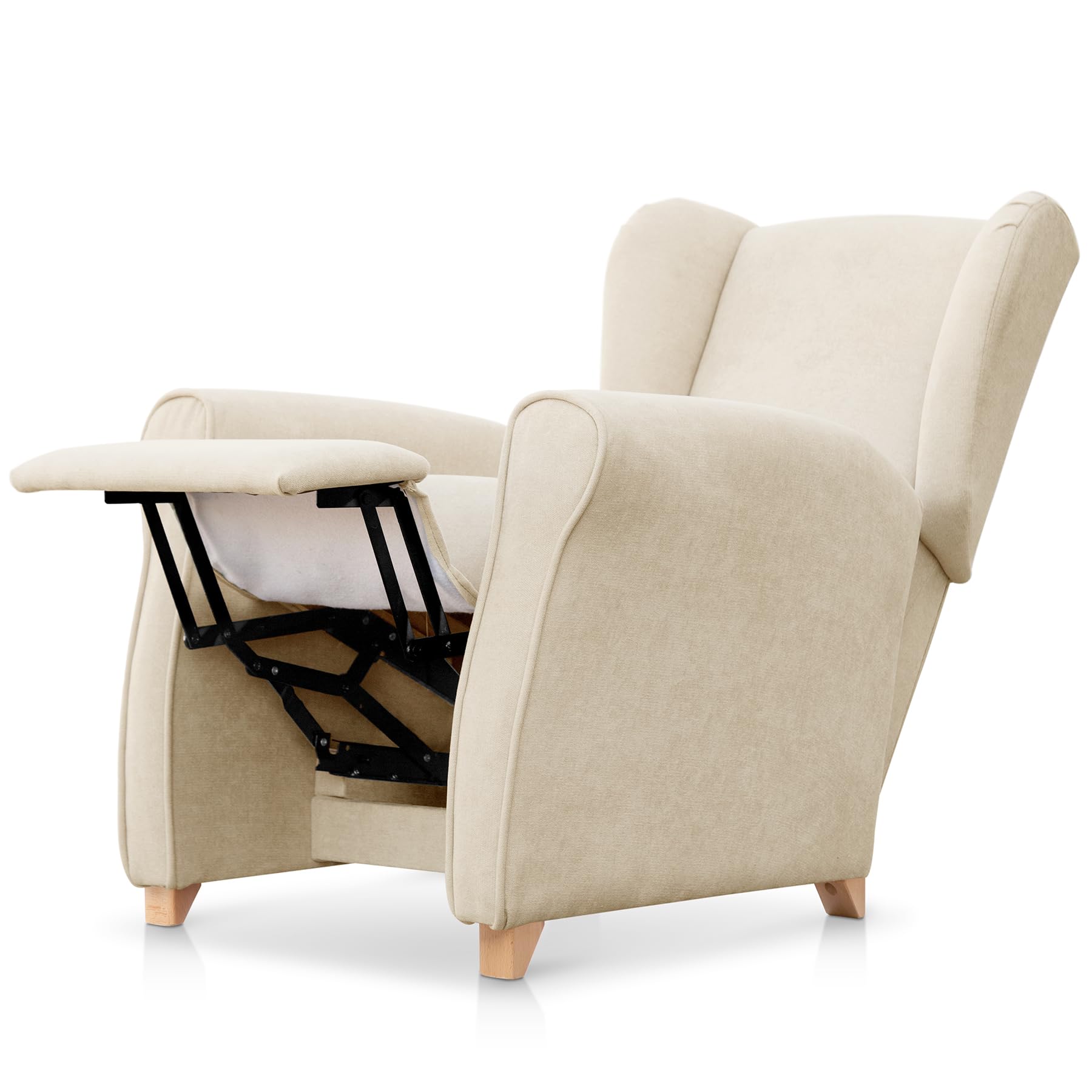 SUENOSZZZ-ESPECIALISTAS DEL DESCANSO Sillón Relax orejero Irene reclinable con Patas de Madera, Relax nórdico tapizado en Tela Antimanchas Beige