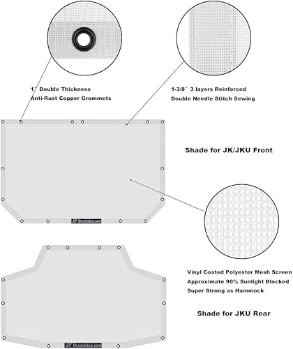 Miniatura 4 de Shadeidea - Parasol para Jeep Wrangler, JK de 4 puertas, parte frontal y trasera, cubierta JKU de malla blanca, bloqueador UV con bolsa de agarre
