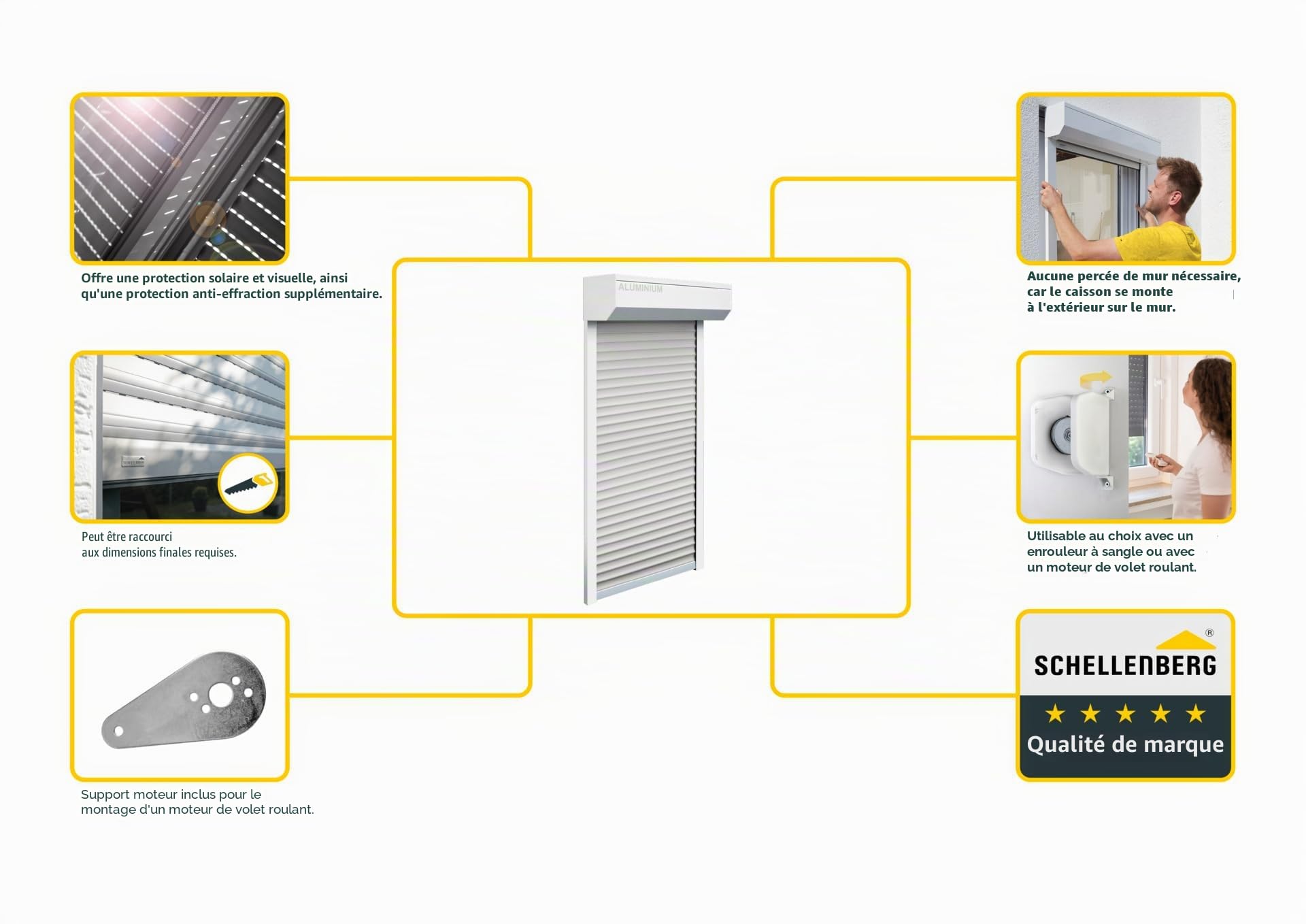 Schellenberg 39071 Ensemble de volets roulants avant pour fenêtre, système de volets roulants Mini, 105 x 210 cm, blanc/gris, volet roulant extérieur 45° en boîte en aluminium, y compris les rails de