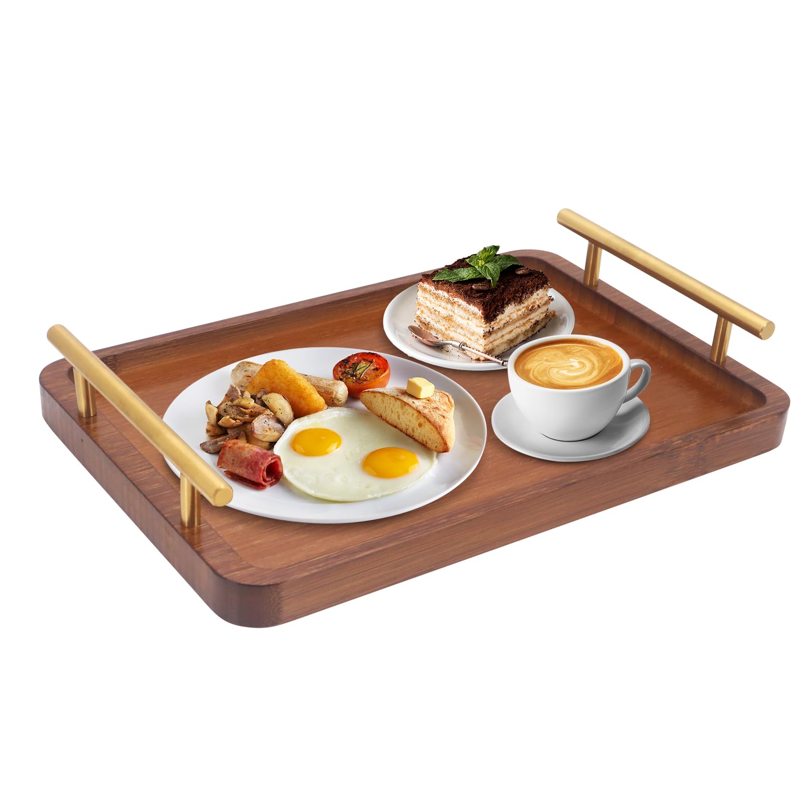 Seahelms Bamboo Tray with Metal Handles 36x25cm Wooden Tray Rustic Vintage Wooden Serving Trays for Breakfast,Coffee Tables,Living Room