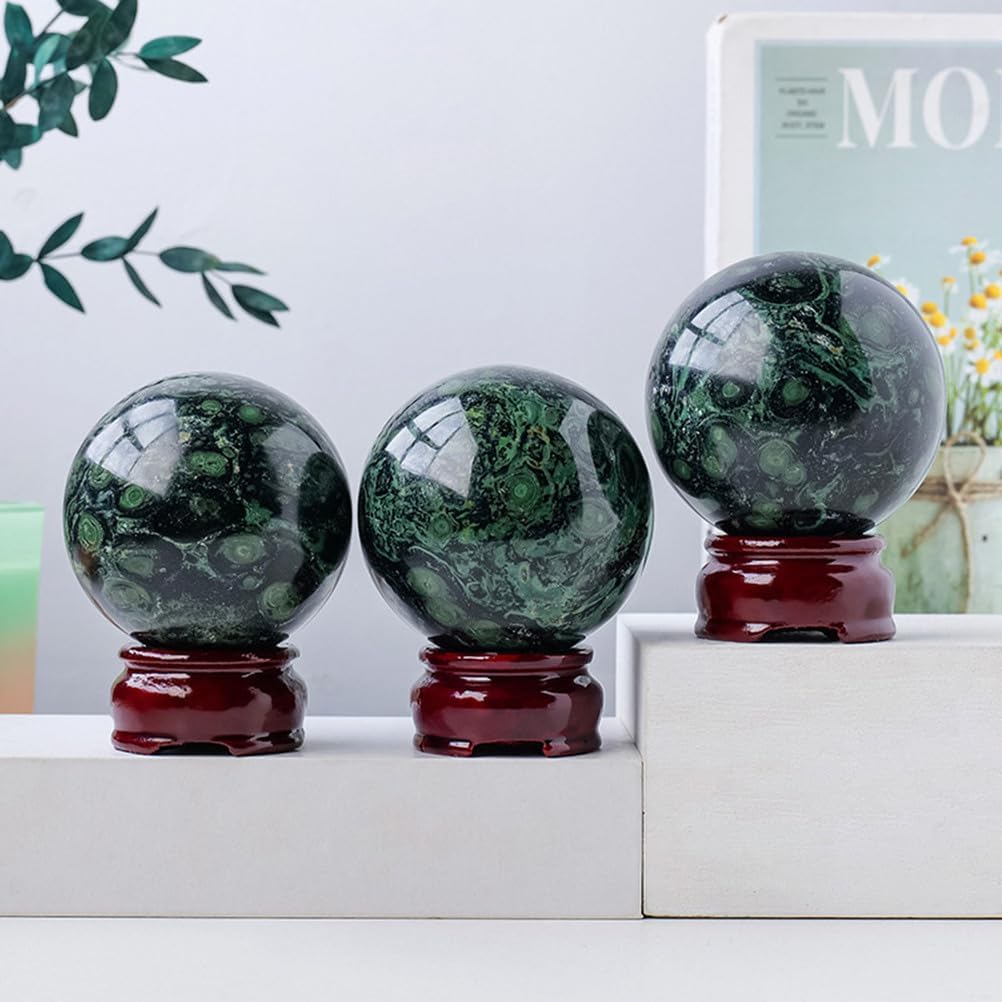 Green Malachite Crystal Ball with Wooden Base Elegant Desktop Ornament Polished Gemstone Sphere for Home Living Office Decorations,75~80mm