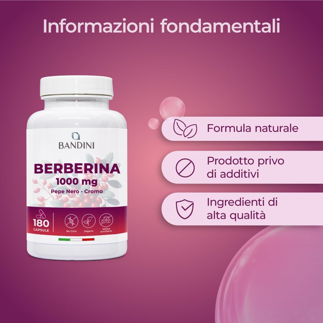 Bandini® Berberina 1000mg pura alto dosaggio | 180 capsule vegane - Berberin HCl da Berberis Aristata al 97% + Cromo e Pepe Nero | Massimo assorbimento - Funzione digestiva, epatica, intestinale