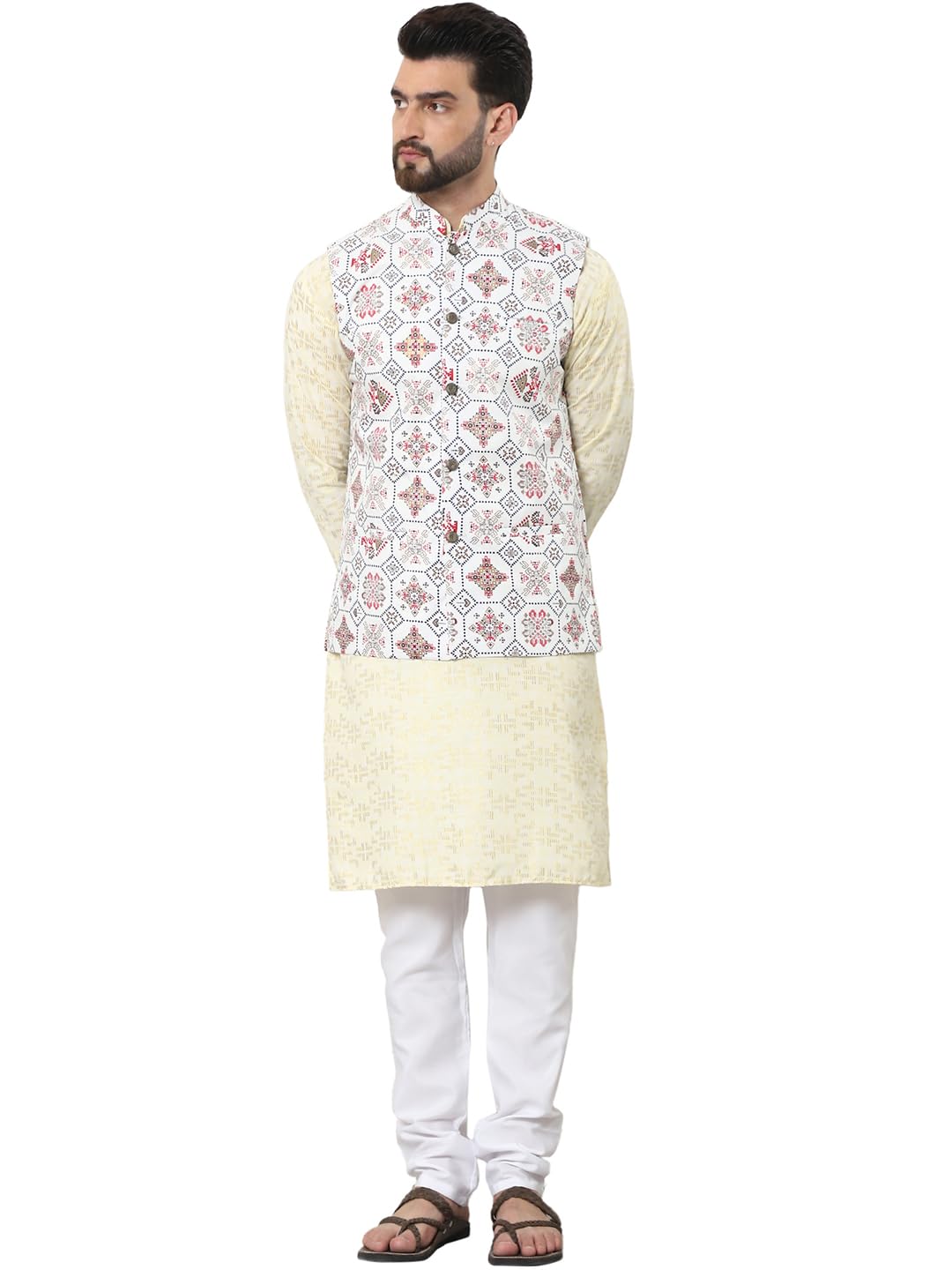 sojanya Men's Cotton foil Printed Kurta and White Pyjama with Printed Nehru Jacket-picture-27