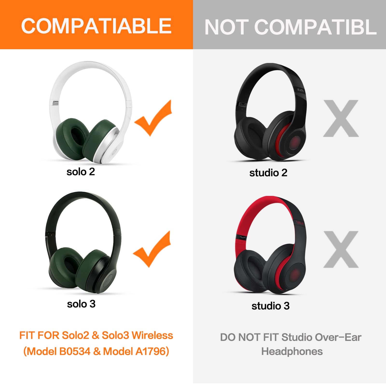 GVOEARS - Almohadillas de repuesto para auriculares inalámbricos Beats Solo 2/3 con cable con espuma viscoelástica de cuero suave con aislamiento de ruido (verde negruzco)