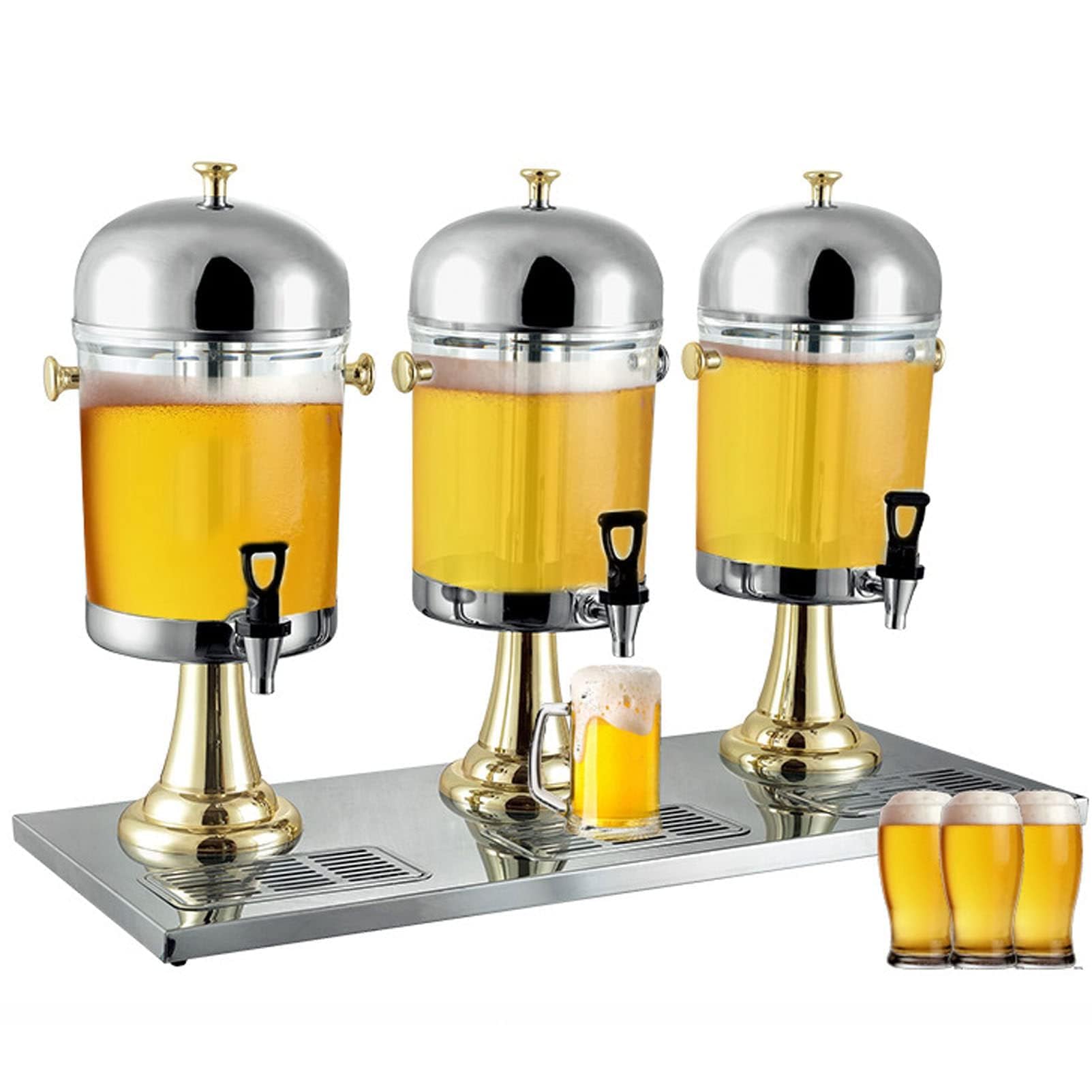 ASerZenith Commercial Juice Dispenser, 24L Stainless Steel Drink Beverage Dispenser With Ice Container, Three Head Tea Water Dispenser Container, For Parties Breakfast Buffet Bars(Gold)