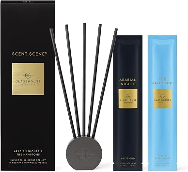 Glasshouse Fragrances The Hamptons & Arabian Nights Scent Scene Duo, Refillable Liquidless Diffuser + 10 Stems, Perfume Scented Home Decor, Teak & Petitgrain + White Oud Scent