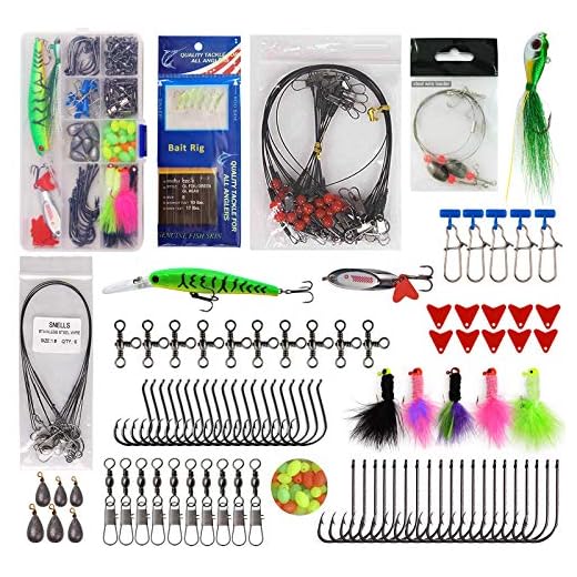150pcs Saltwater Fishing Lures Surf Fishing Tackle Kit - Fishing Bait Rigs, Fishing Circle Hooks, Fishing Swivel Snaps, Hard Bait Minnow, Bucktail Jig, Metal Spoon, Sinker Weight, Various Accessories