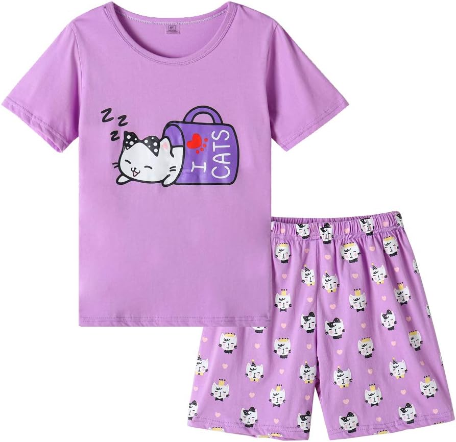 MyFavYoung Girls Pajama Cute Cat Pattern Nighty Comfy Shorts Cotton Sleepwear