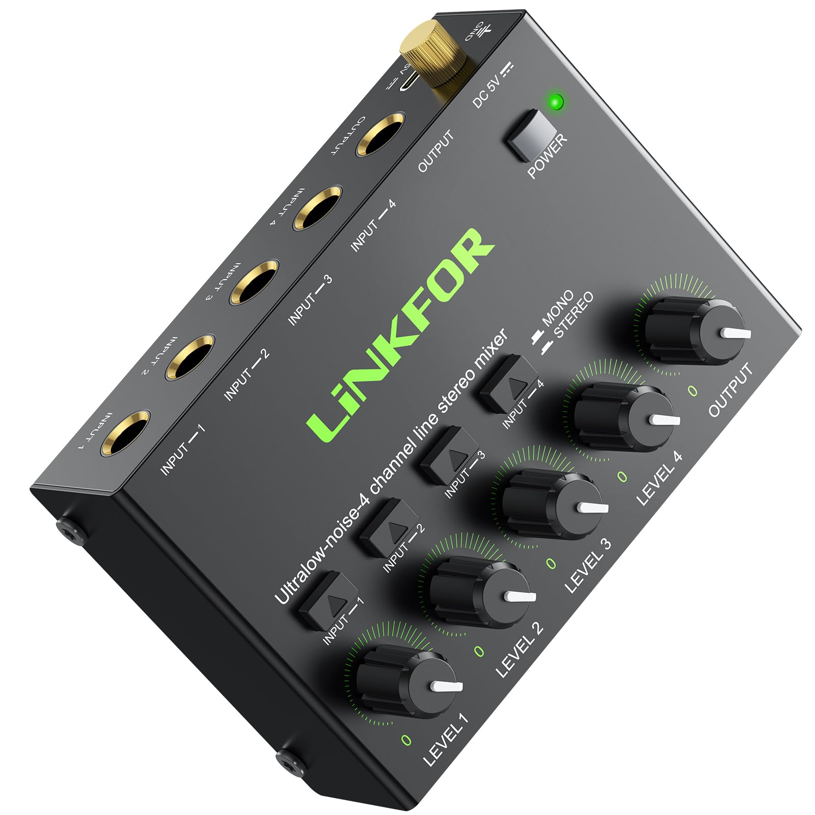 LiNKFOR Mixer Audio 4 Canali Stereo Multifunzionale 4 Channel Audio Mixer con Controllo Indipendente del Volume Audio Mixer 4 Canali per Piccolo Bar Microfoni Chitarre Bassi Tastiere e Mixer di Palco