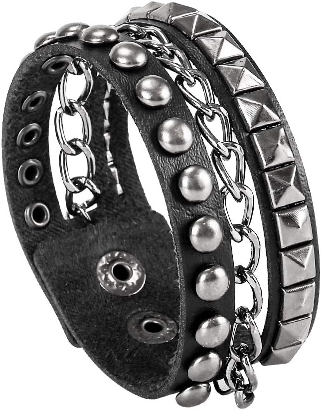 Punk Leather Cuff Bracelet - Goth Rock Leather Wristband with Chain for Party