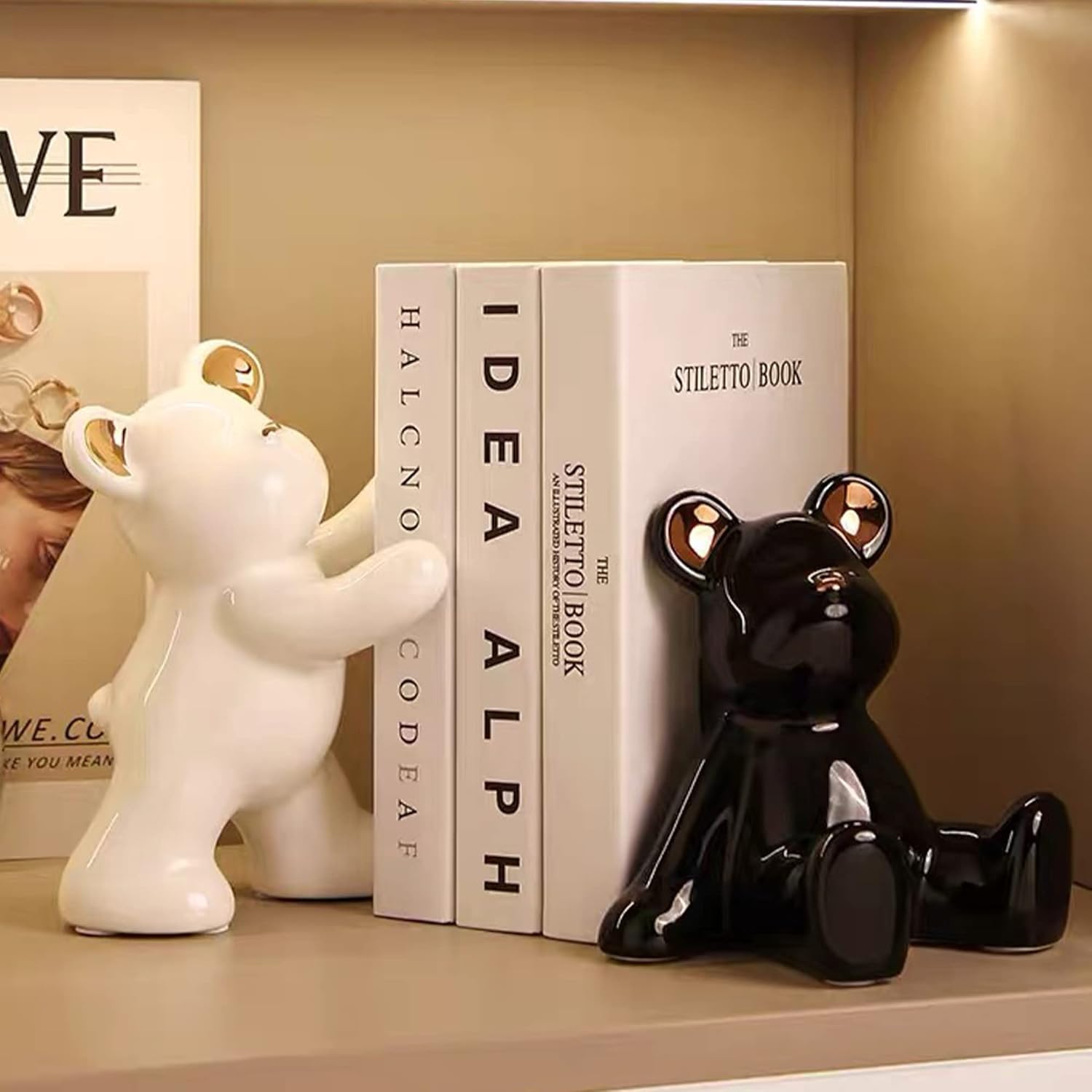 - Creative Bear Bookends – Ceramic Bearbrick Style Book Holder, Modern Decorative Shelf Organizer for Home or Office，Black and White (Pair)