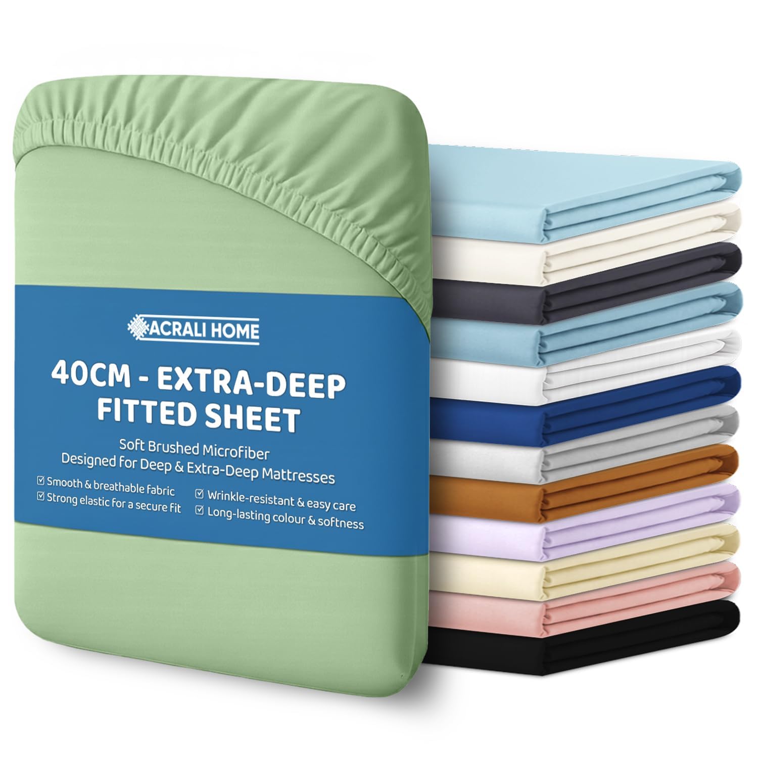 ACRALI HOME Microfiber Super King Fitted Sheet 40cm Extra Deep Fit Pocket - Breathable, Soft & Easy Care Sage Green Bed Sheet - Wrinkle Free & Fade Resistant (200x180cm)