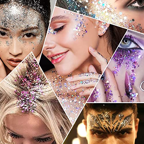 12 Colors Body Glitter Gel Kit, Super Long Lasting Holographic Chunky Glitter Gel Festival Party Makeup For Face, Body, Hair, Nail Art, Eyeshadow, 3Pcs Sponge Makeup Brush Include (Set A) #TOP4