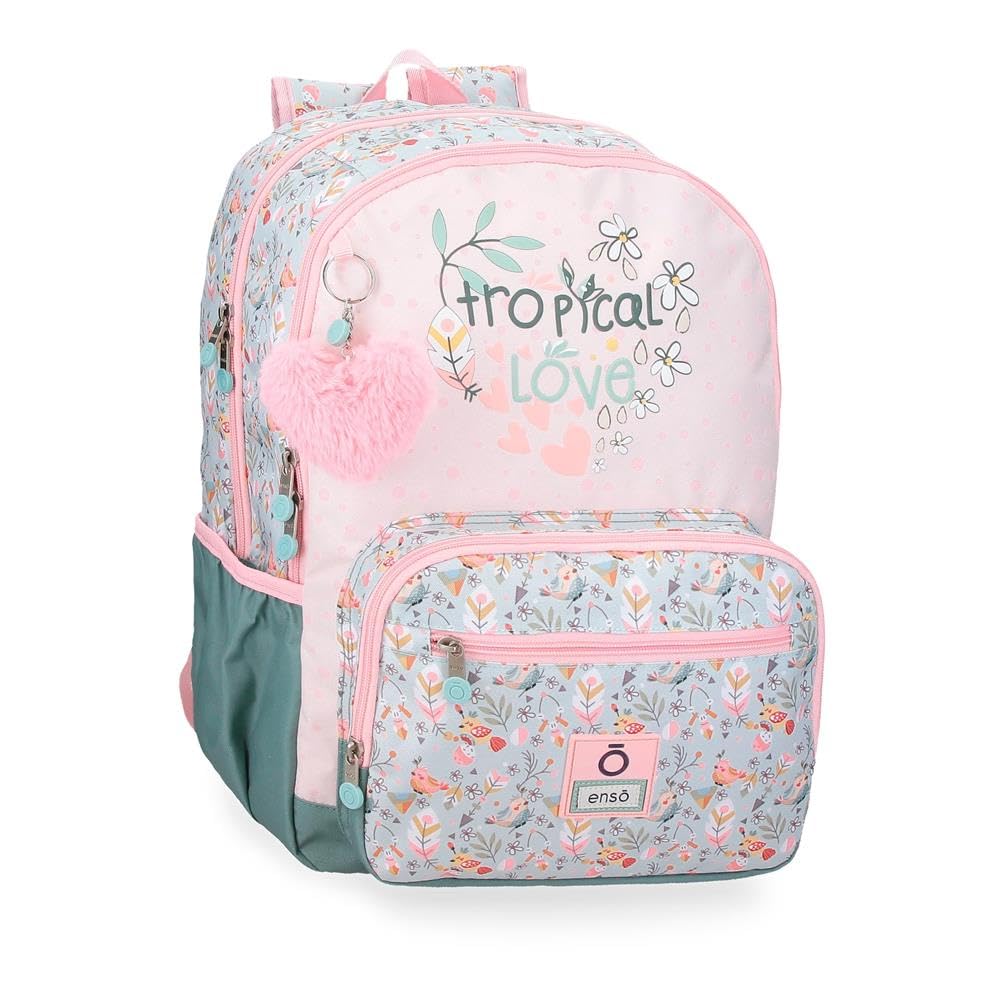 Enso Tropical love mochila escolar, mochilas infantiles, Espalda reforzada con tirantes anchos, ergonómico, fabricada en Poliéster, Incluye pompón decorativo, varios compartimentos