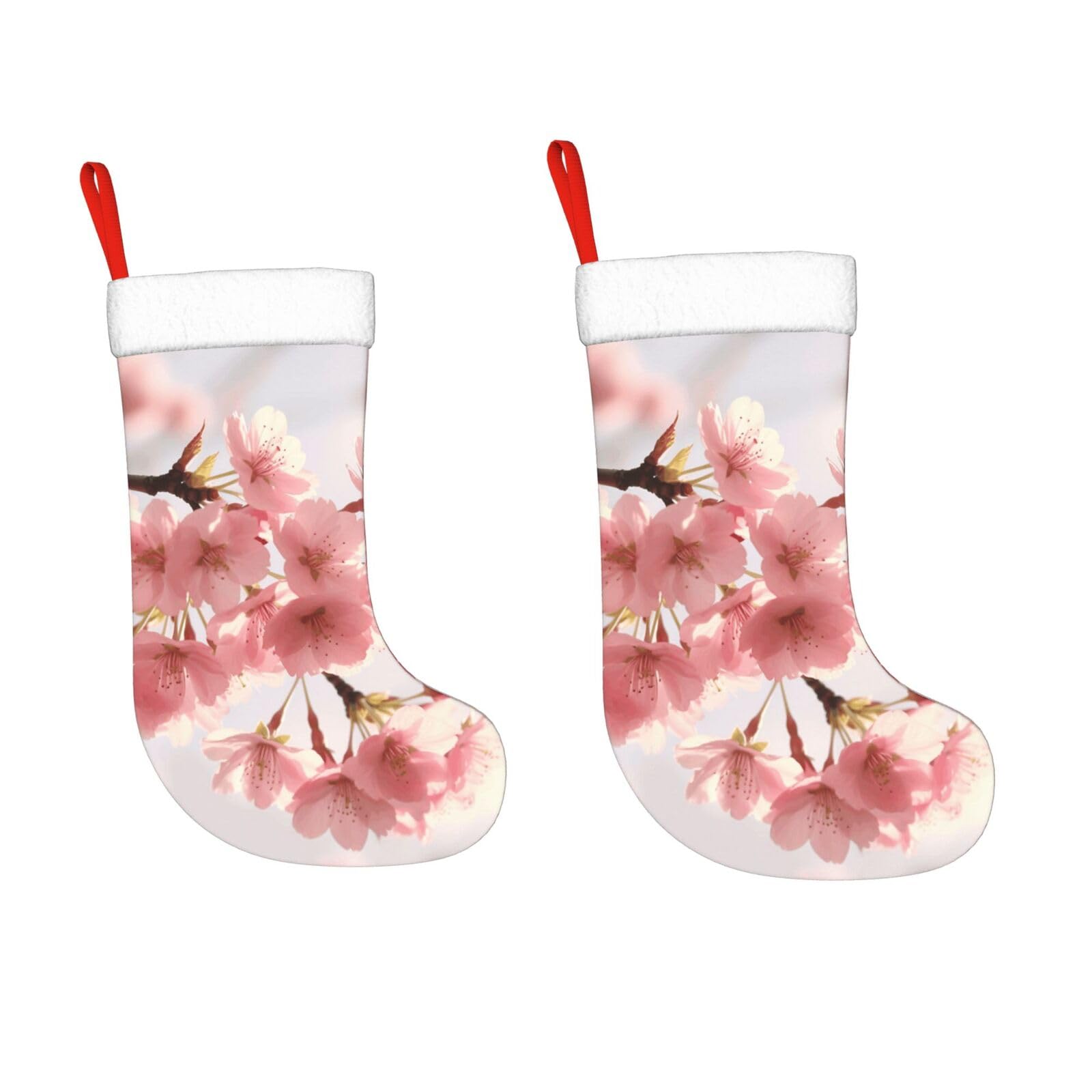 KLOPH 2 Pack 18 Inches Christmas Stockings Personalized Cherry Blossom Xmas Stocking Hanging Decoration Fireplace Stocking for Holiday Xmas Tree Christmas Fireplace Decor Gifts
