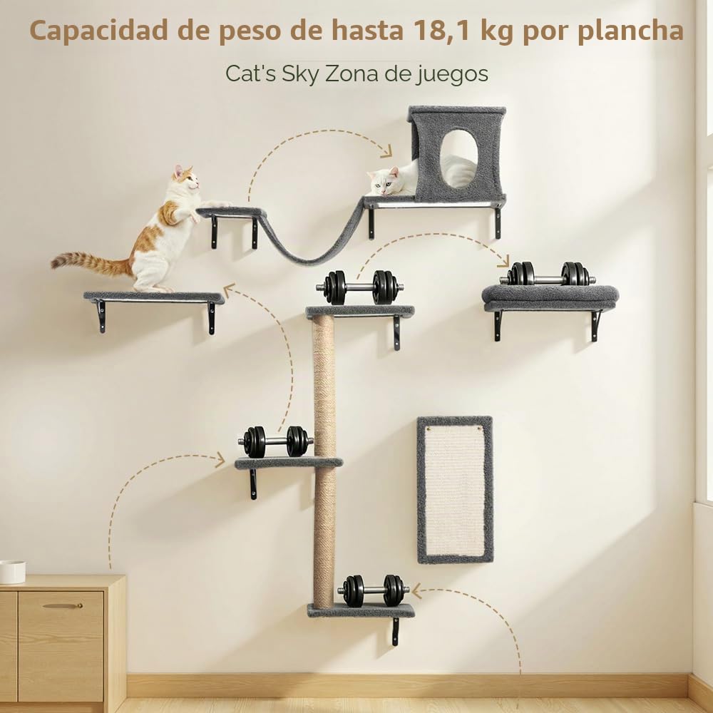 PawGiant Estantes 5 en 1 para gatos, juego de muebles de pared de madera para escalar gatos, con estante montado en la pared, postes rascadores de árbol para gatos y rascador para gatos de interior