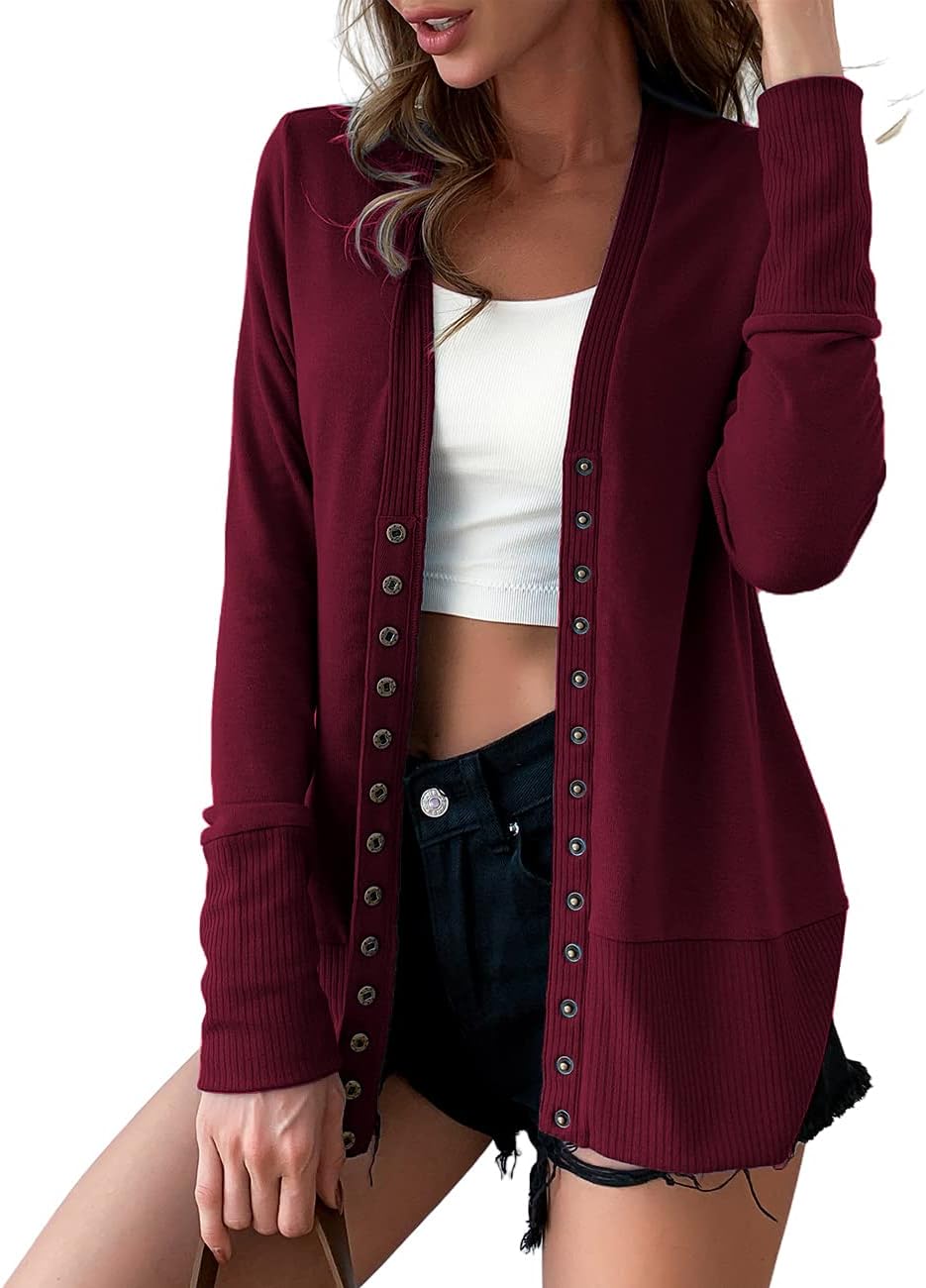 VERABENDI Women Long Sleeve Snaps Button Down V Neck Cute Knit Sweater Cardigan