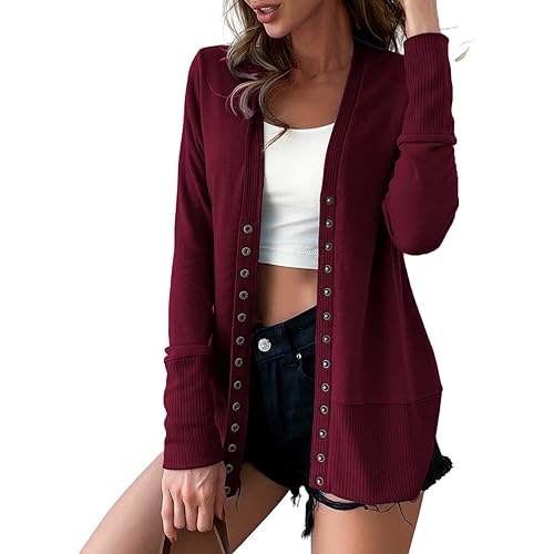 Women Long Sleeve Snaps Button Down V Neck Cute Knit Sweater Cardigan