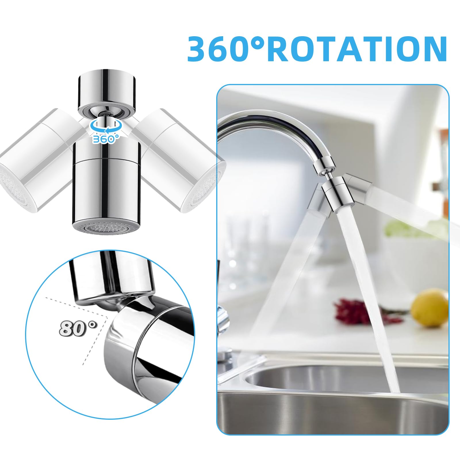 Obrotowy kran do 360° z 2 funkcjami rozpylania, gwint M22/M24, perlator do kuchni, łazienki