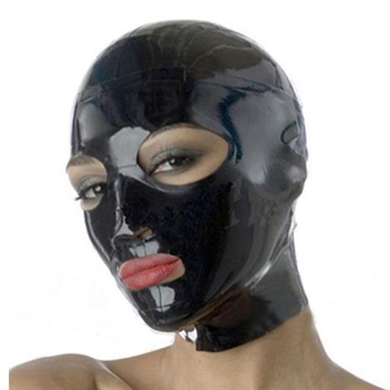 DSPENGS Latex Hood BDSM Unisex Open Eyes Mouth Rubber Head Mask Party Decoration Handmade for Cosplay Clubwear(Size:M-65CM)