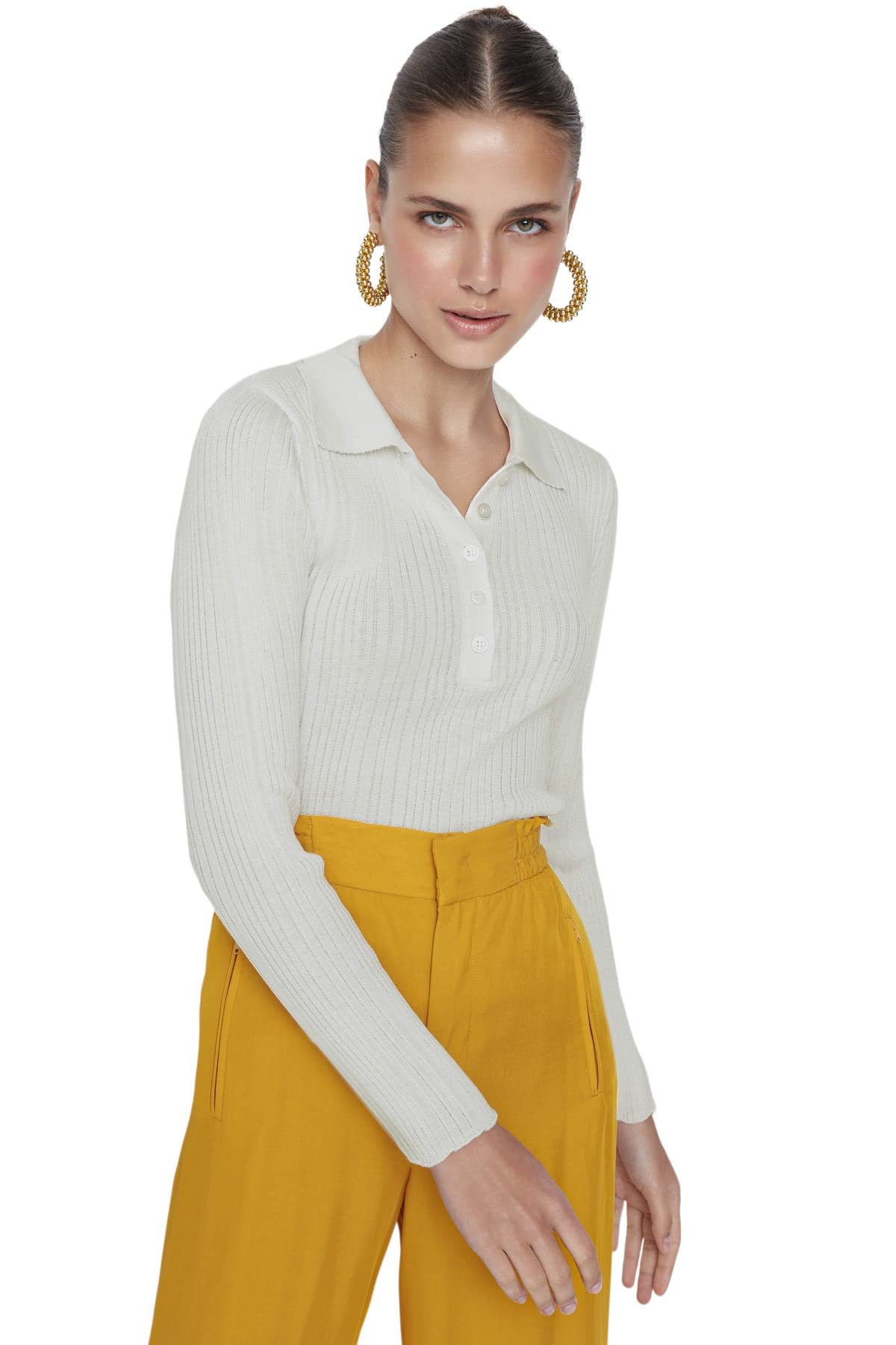 Trendyol Women Slim fit Basic Polo Neck Knitwear Sweater Ecru