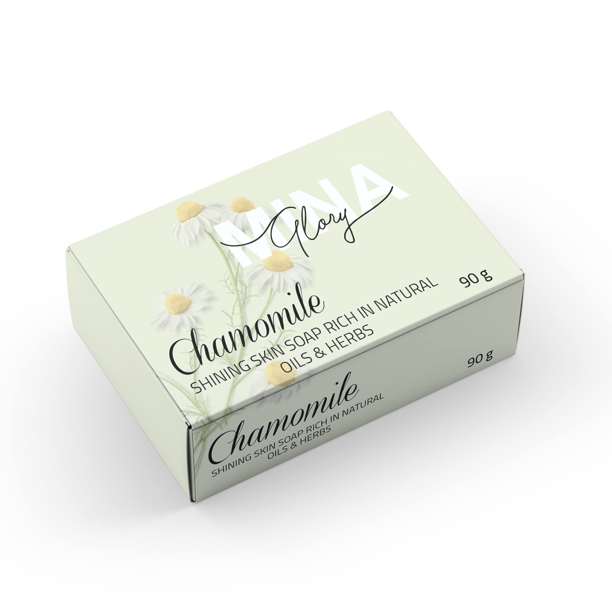 Mina GloryChamomile Soap 90g enriched with natural ingredients of Herbs and Oils includes Chamomile and Coconut Oil For Dry and Cracked Skin Helps makes Skin Soft and Smooth.