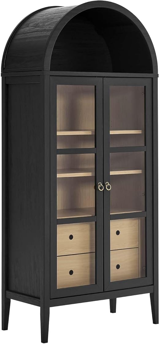 Modway Nolan Modern Farmhouse 71 Inch Tall Arched Storage Display Cabinet in Black Oak