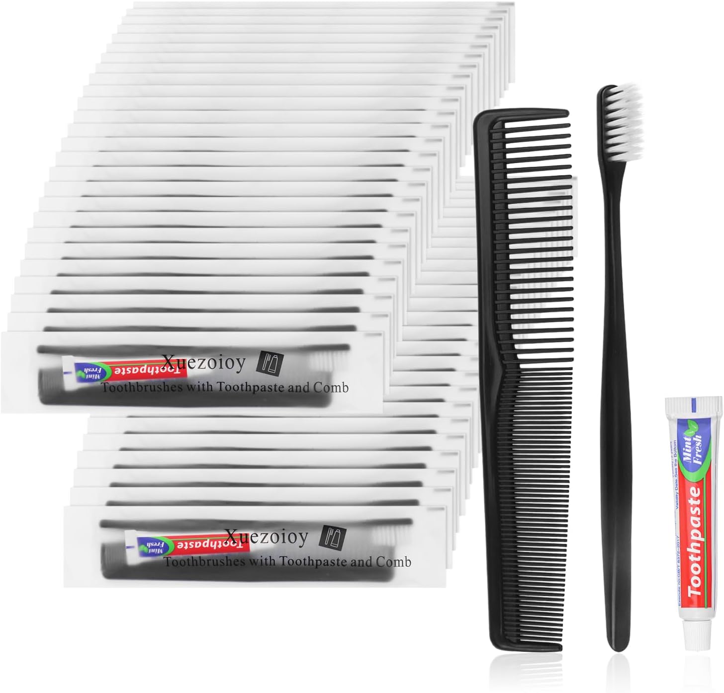 30 Pack Black Disposable Toothbrushes with Toothpaste and Comb Set,10g