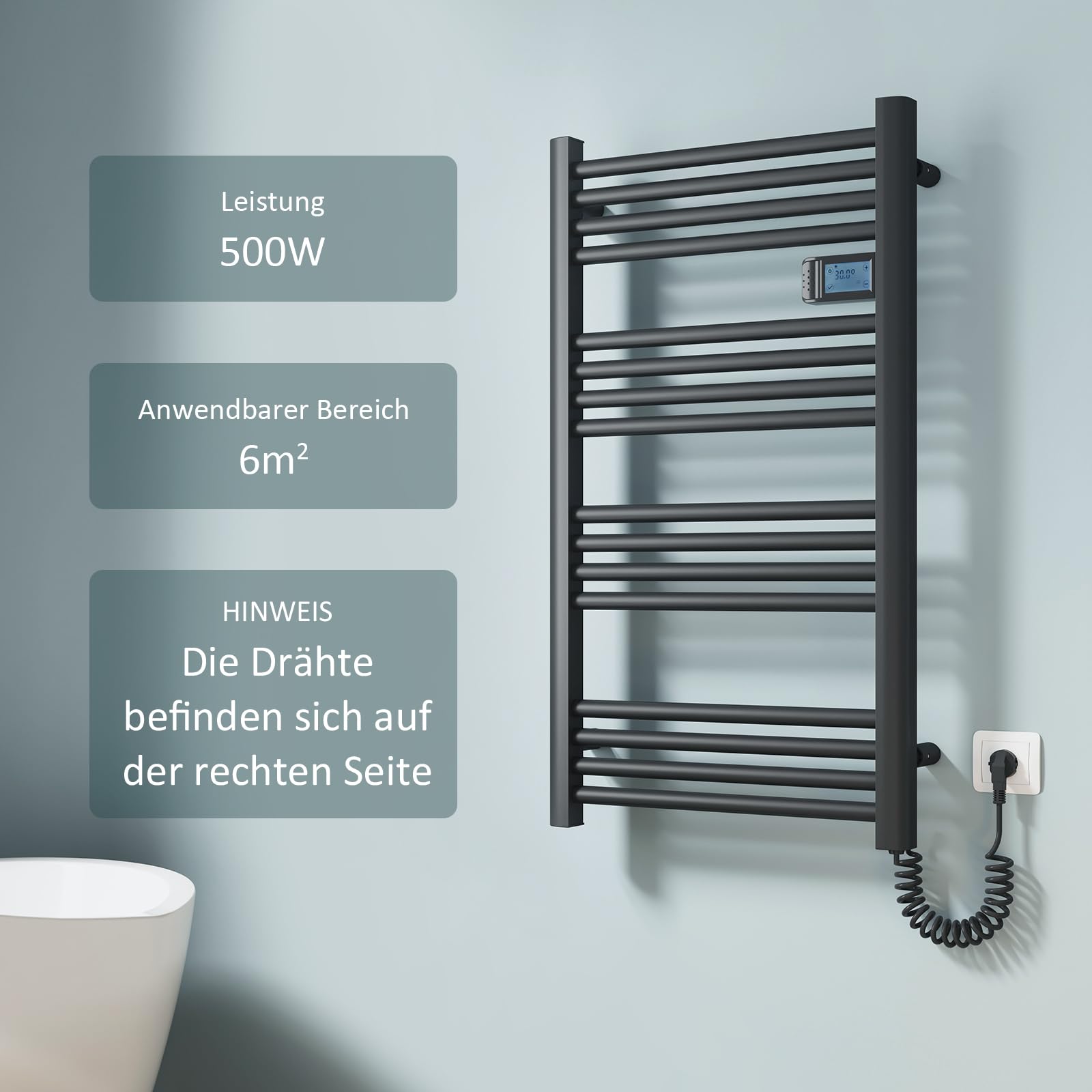 EMKE Elektrischer Handtuchheizkörper 96 x 40 cm, Badheizkörper Elektrisch mit Touchschalter Timer, Handtuchheizung Handtuchtrokner Handtuchwärmer Elektrisch Schwarz Matt 300W
