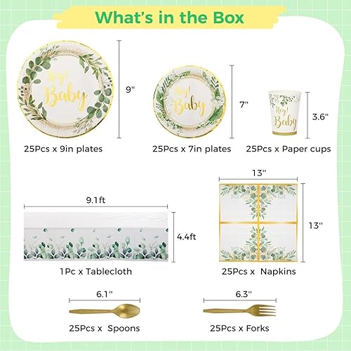 Miniatura 6 de 151 piezas de suministros para fiesta de baby shower, tazas de papel verde, platos, servilletas, cubiertos, kit para 25, decoración de vajilla